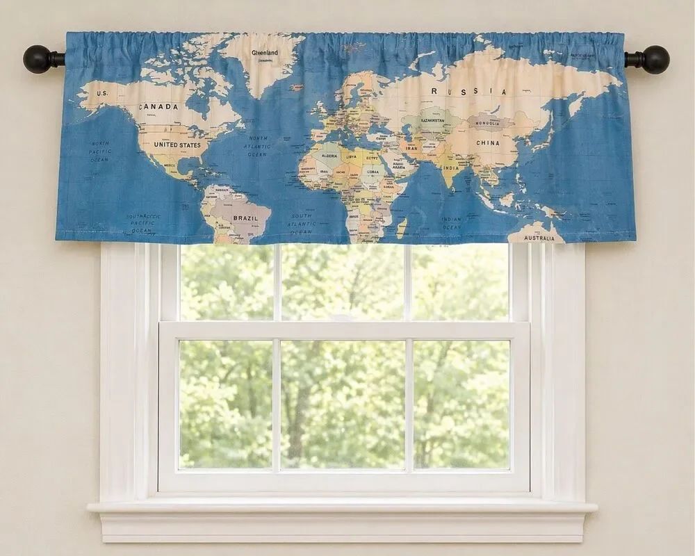Grey Geographical World W x L (Pack of 2) Map World Map Real Grey Valance 52”x22